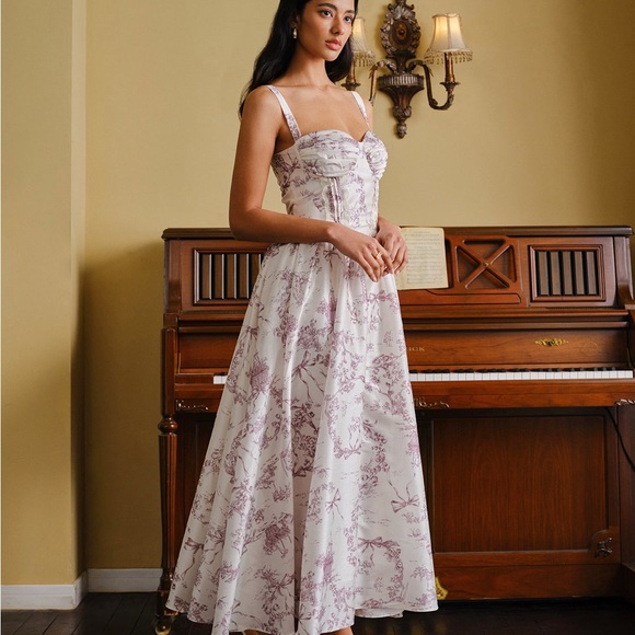 Commense Dresses & Skirts - Commense White Maxi Dress with Lavender Floral Motif